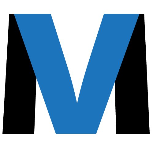Stylized blue V-shaped logo flanked by black shapes on a white background.