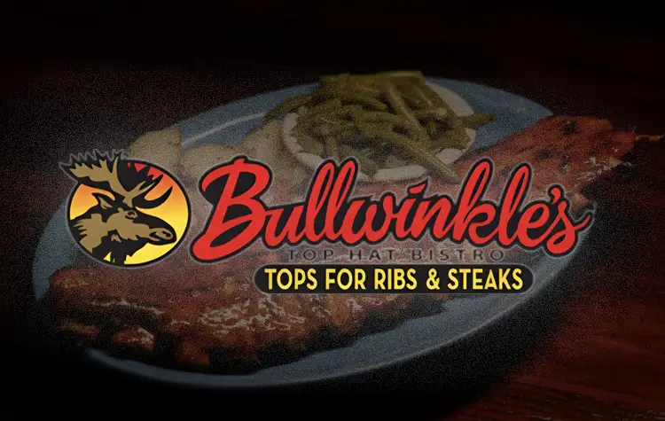 Plate of barbecue ribs with fries featuring the Bullwinkle's logo.