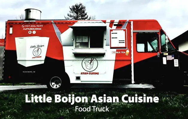 Red and white Little Bojin Asian Cuisine food truck parked on a street.