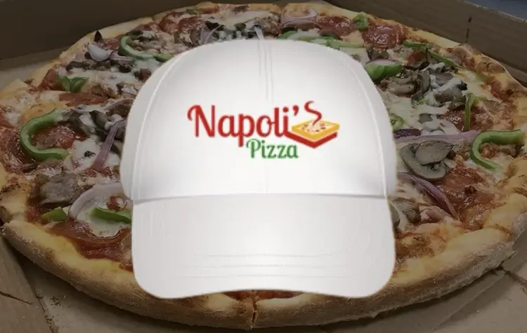 A white Napoli Pizza cap resting on a pepperoni and vegetable pizza.
