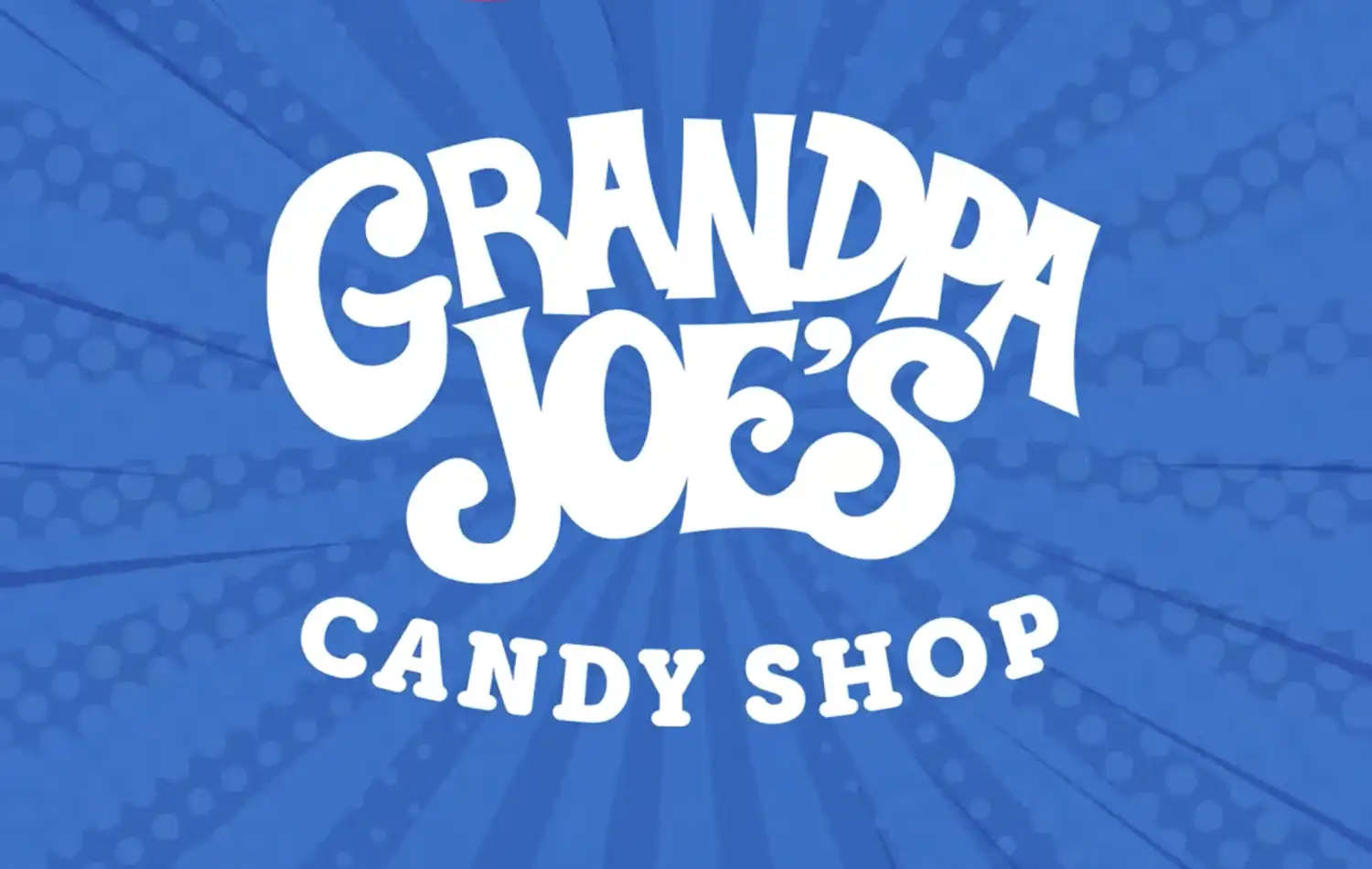 Logo for Grandpa Joe's Candy Shop with white text on a blue background.