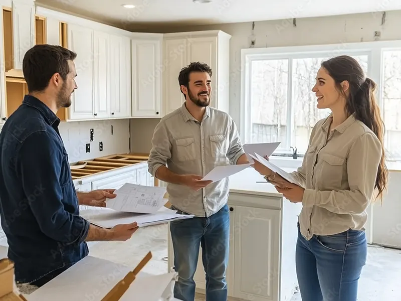 Three adults stand in a bright kitchen, discussing documents.