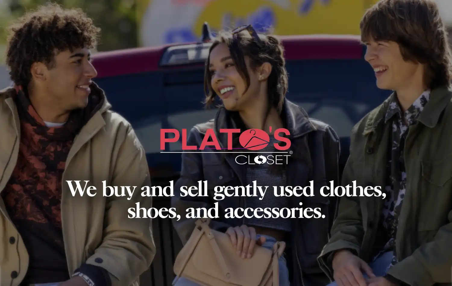 Plato’s Closet Three smiling young people stand in front of a Plato's Closet storefront.