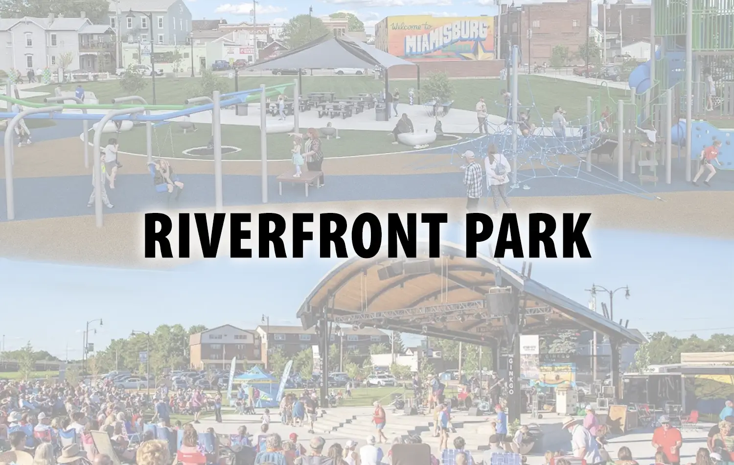A crowded riverside park scene with a large sign reading Riverfront Park and a waterfront stage.