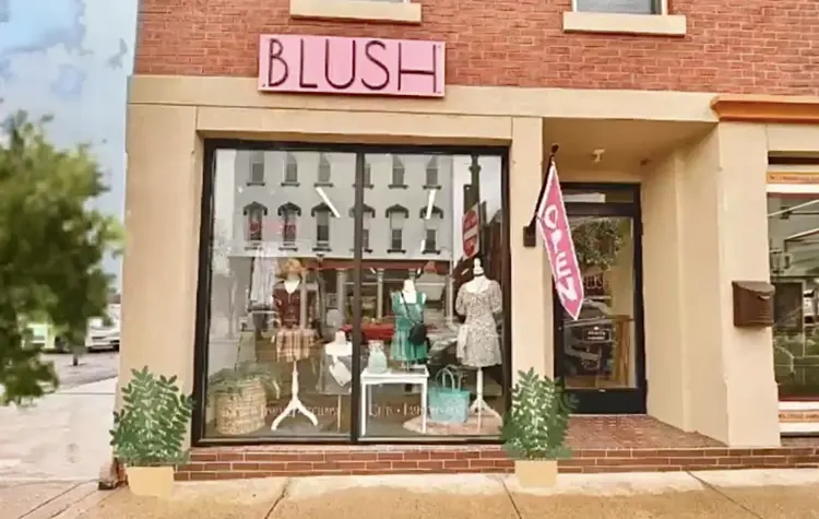 Brick storefront with a pink BLUSH sign, window display of mannequins in clothing, and two potted plants outside.
