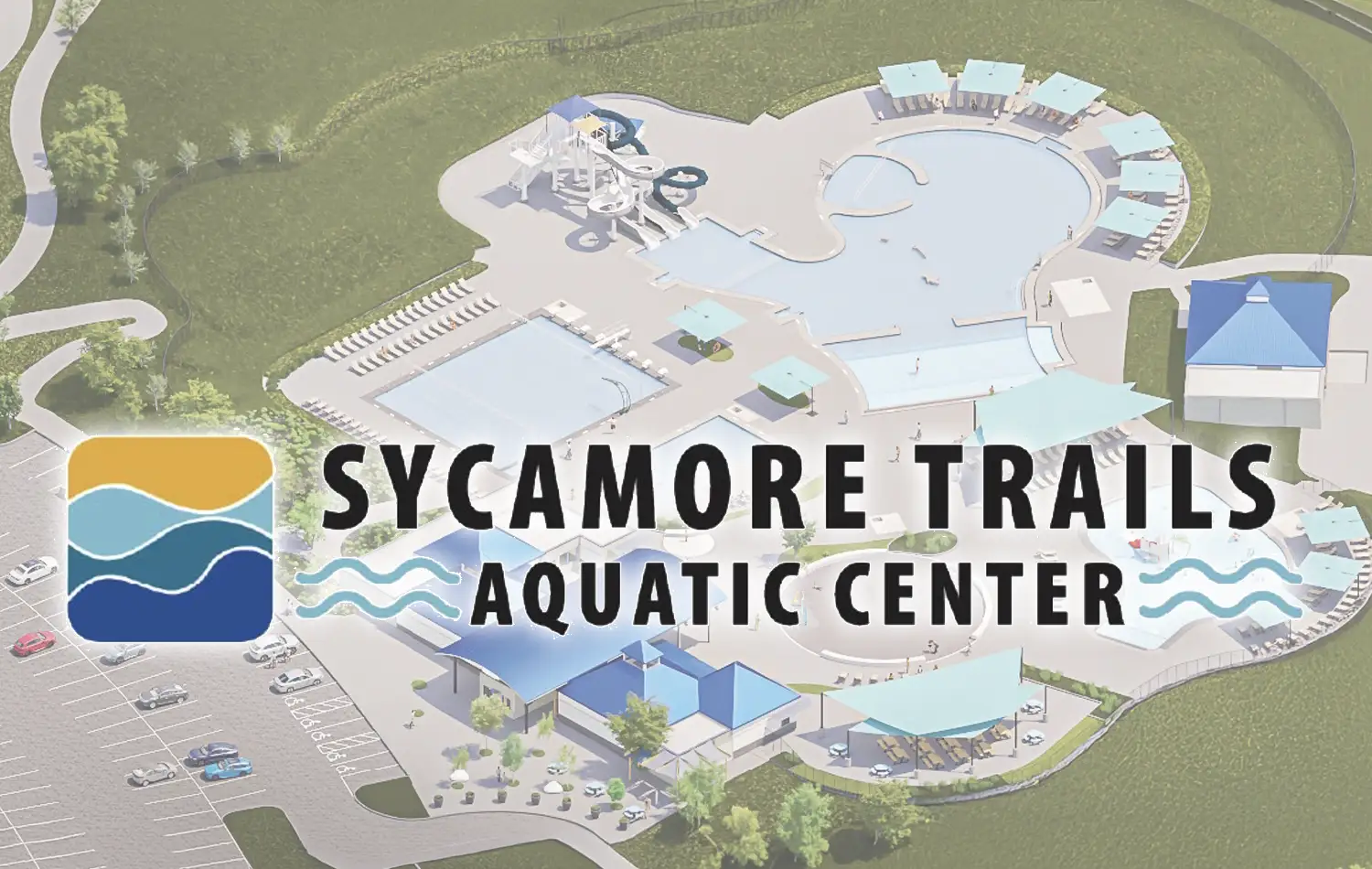 Aerial view of the Sycamore Trails Aquatic Center with multiple pools and surrounding grounds.