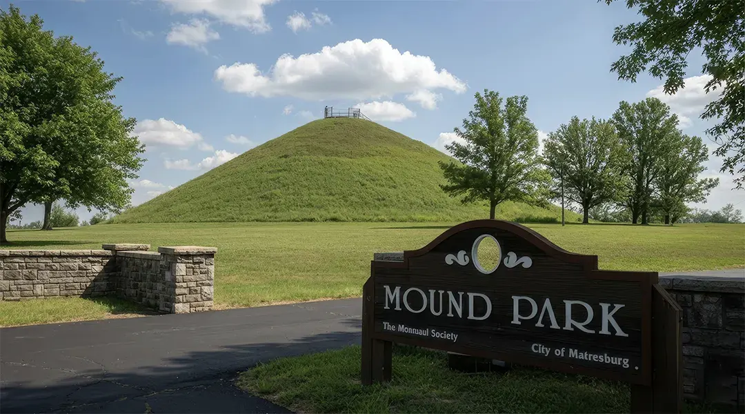 A large grassy mound rises in a park, with a sign reading MOUND PARK and trees in the background.