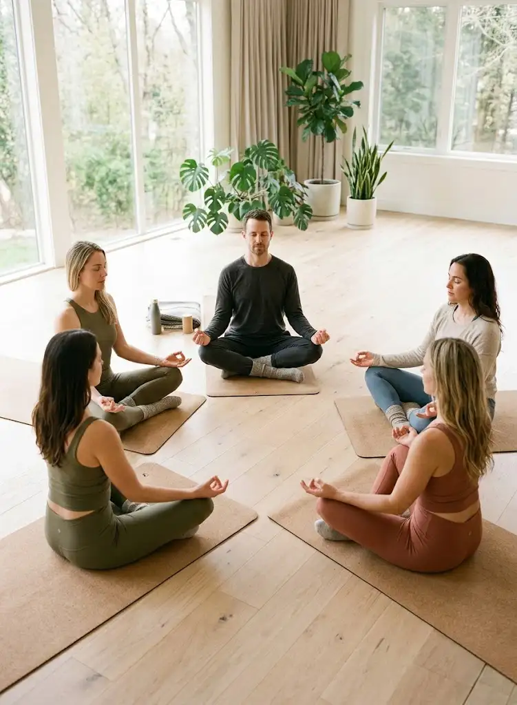Six adults sit cross-legged on yoga mats in a bright, plant-filled room, meditating together.